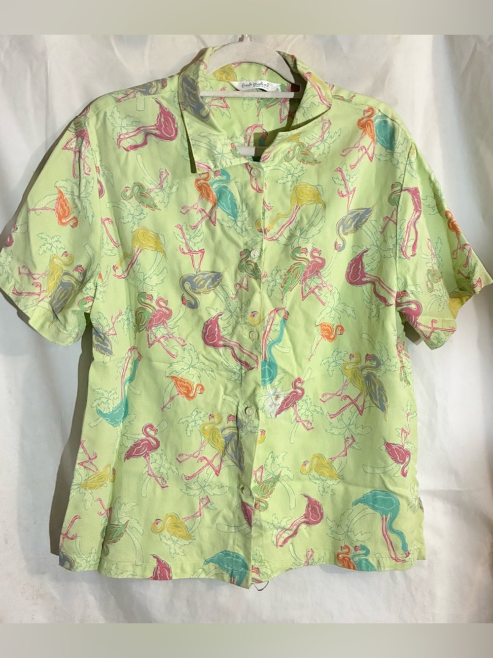 Fresh Produce Multi Color Flamingo Shirt Sz L Button Up Tencel USA Made Resort